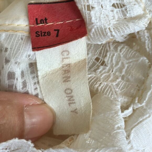 Vintage 60s/70s High Neck White Lace Pink Chiffon Pleated Prom Dress - Picture 9 of 9